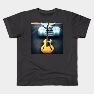 A Semi Acoustic Guitar In Front of A Turquoise Car From The 1940’s. Kids T-Shirt